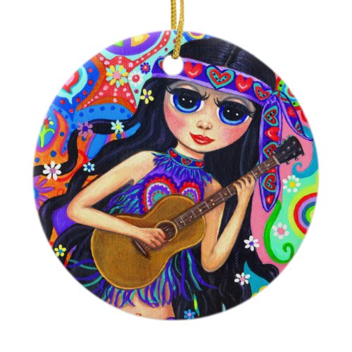 Psychedelic Hippie Mermaid Girl Guitar Cute Hearts Ceramic Ornament