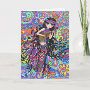 Psychedelic Hippie Mermaid Girl Playing Guitar Card