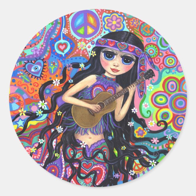 Psychedelic Hippie Mermaid Girl Playing Guitar Classic Round Sticker (Front)