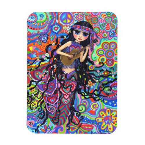 Psychedelic Hippie Mermaid Girl Playing Guitar Magnet