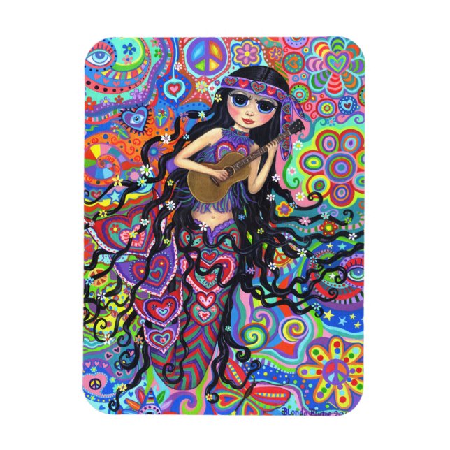 Psychedelic Hippie Mermaid Girl Playing Guitar Magnet (Vertical)