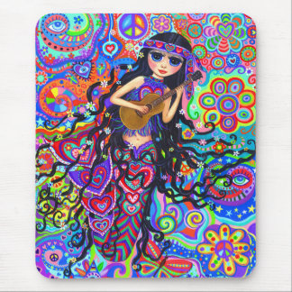 Psychedelic Hippie Mermaid Girl Playing Guitar Mouse Pad