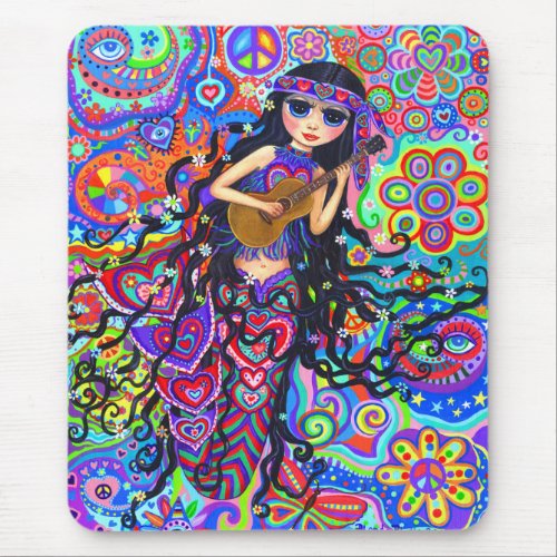 Psychedelic Hippie Mermaid Girl Playing Guitar Mouse Pad