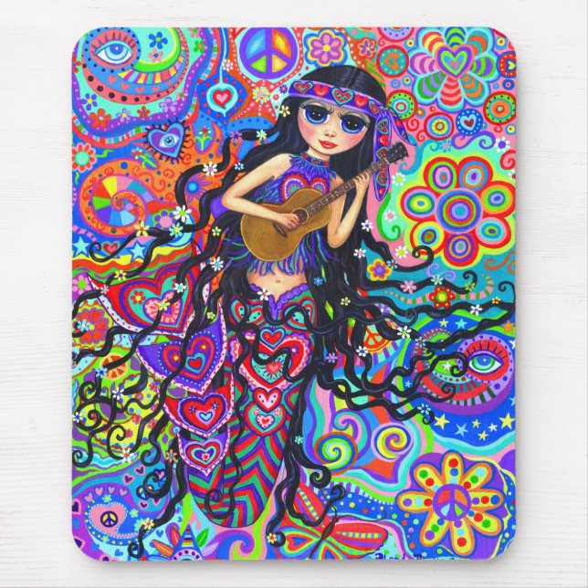 Psychedelic Hippie Mermaid Girl Playing Guitar Mouse Pad (Front)