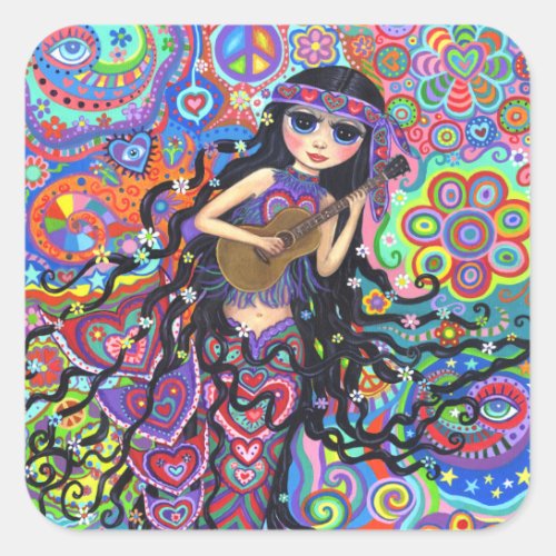 Psychedelic Hippie Mermaid Girl Playing Guitar Square Sticker