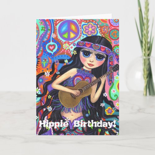 Psychedelic Hippie Mermaid Girl with Guitar Peace Card