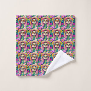 Psychedelic Hippie Puppy Groovy Shower Curtain Wash Cloth