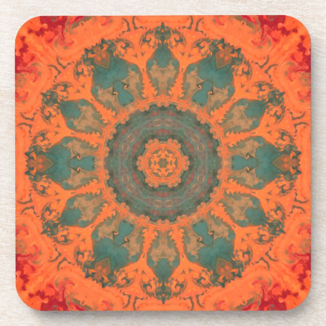 Psychedelic Hippie Teal Orange and Red Beverage Coaster (Front)