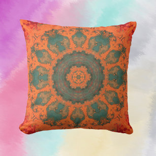 Psychedelic Hippie Teal Orange and Red Throw Pillow