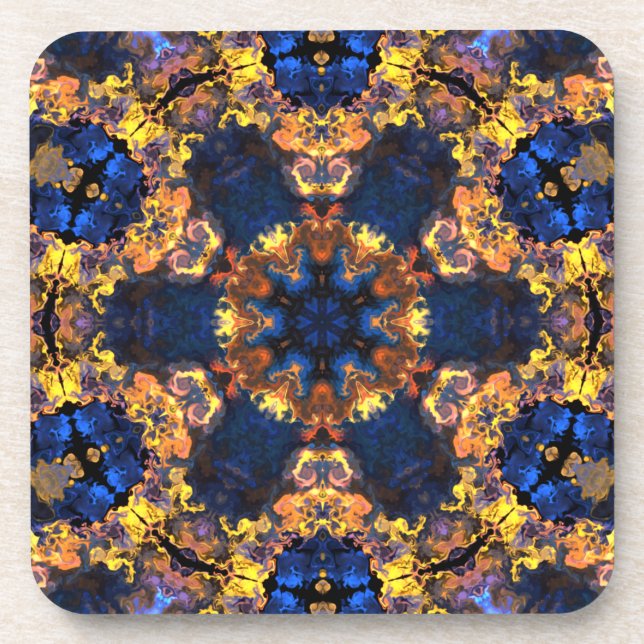 Psychedelic Hippie Yellow and Blue Beverage Coaster (Front)