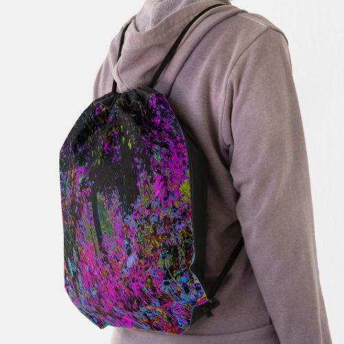 Psychedelic Hot Pink and Black Garden Sunrise Drawstring Bag