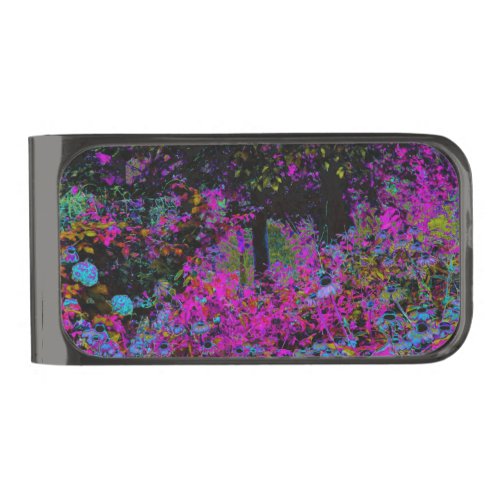 Psychedelic Hot Pink and Black Garden Sunrise Gunmetal Finish Money Clip