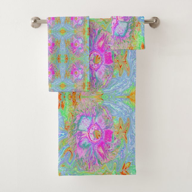 Psychedelic Hot Pink and Ultra-Violet Hibiscus Bath Towel Set (Insitu)