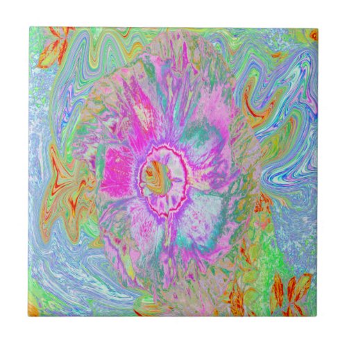 Psychedelic Hot Pink and Ultra_Violet Hibiscus Ceramic Tile