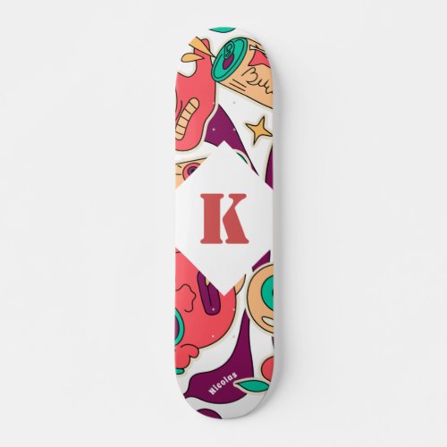 Psychedelic Illustration Name  Initial Monogram Skateboard