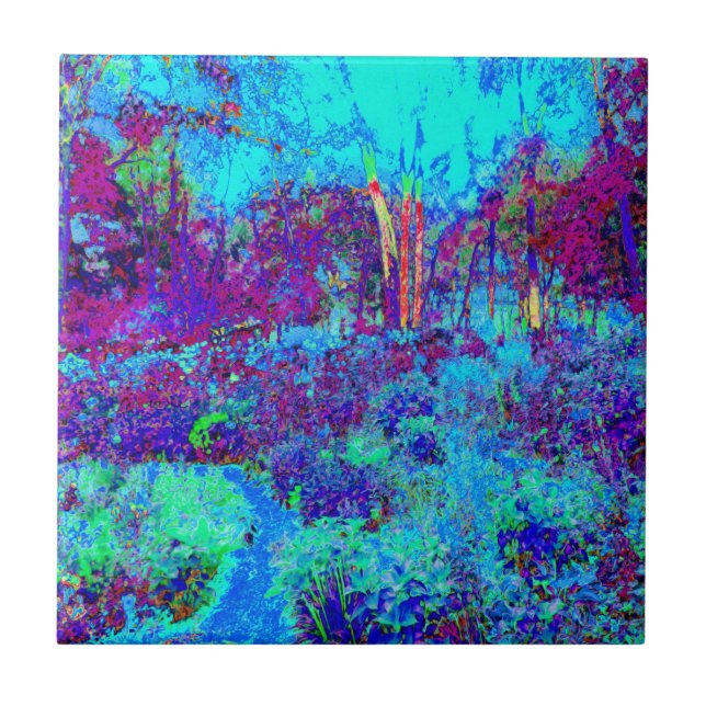Psychedelic Impressionistic Blue Garden Landscape Ceramic Tile (Front)