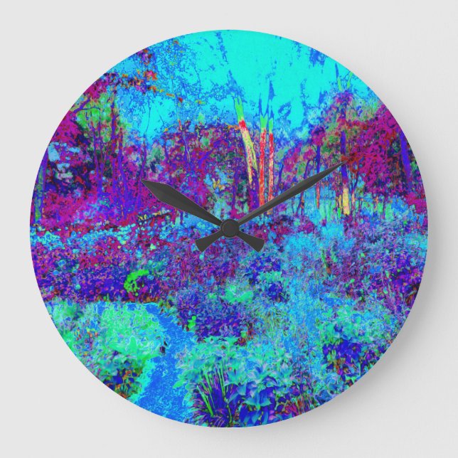 Psychedelic Impressionistic Blue Garden Landscape Large Clock (Front)