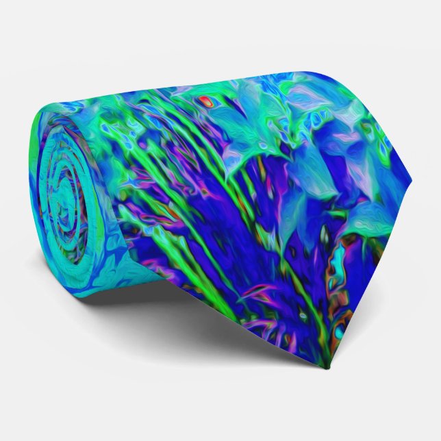 Psychedelic Impressionistic Blue Garden Landscape Neck Tie (Rolled)