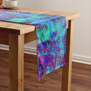 Psychedelic Impressionistic Blue Garden Landscape Short Table Runner