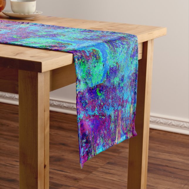Psychedelic Impressionistic Blue Garden Landscape Short Table Runner (In Situ)