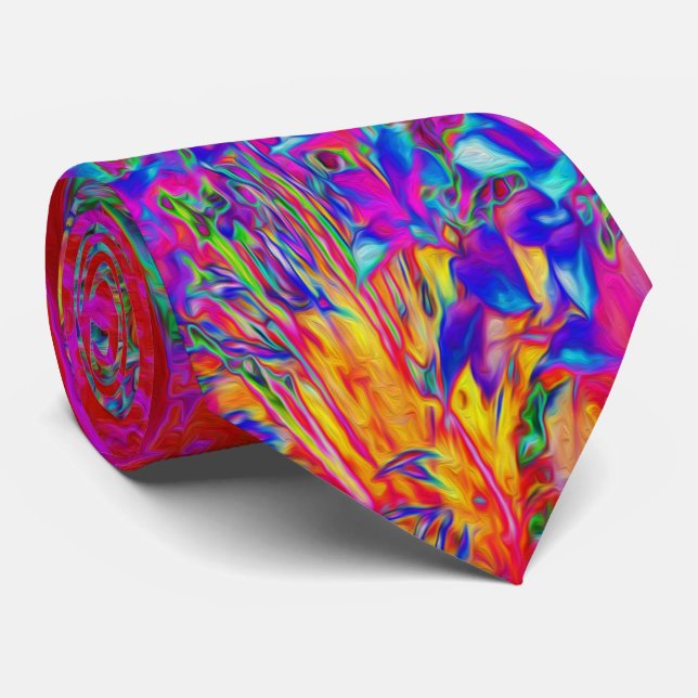 Psychedelic Impressionistic Garden Landscape Neck Tie (Rolled)