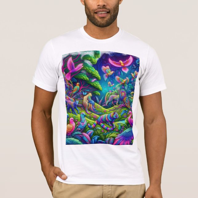Psychedelic Jungle – Vibrant Animals and Birds in  T-Shirt (Front)