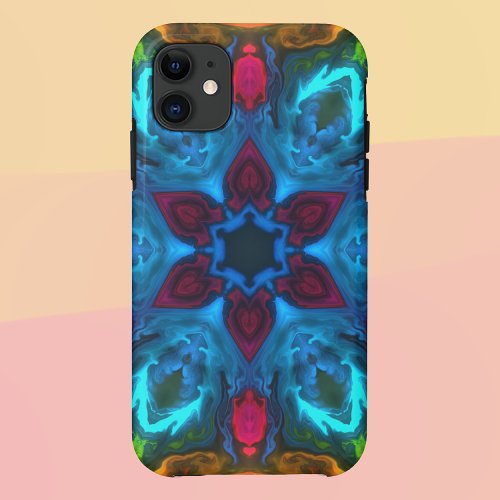 Psychedelic Kaleidoscope Blue Pink and Green iPhone 11 Case