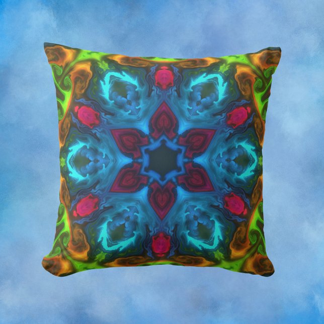 Psychedelic Kaleidoscope Blue Pink and Green Throw Pillow (Creator Uploaded)