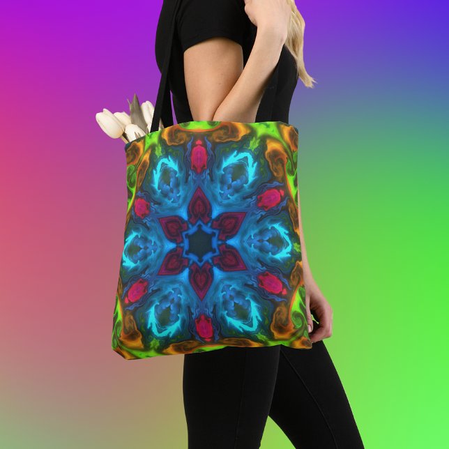 Psychedelic Kaleidoscope Blue Pink and Green Tote Bag (Creator Uploaded)