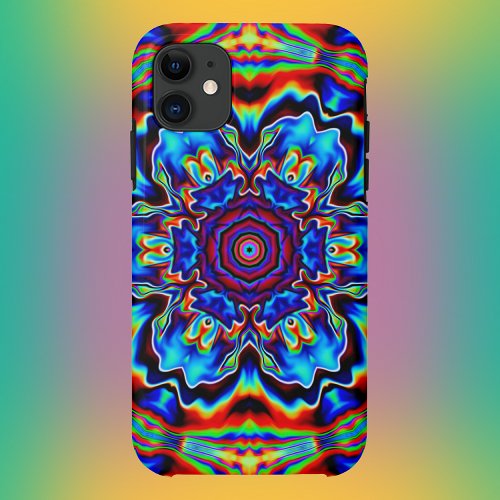 Psychedelic Kaleidoscope Blue Red and Green iPhone 11 Case