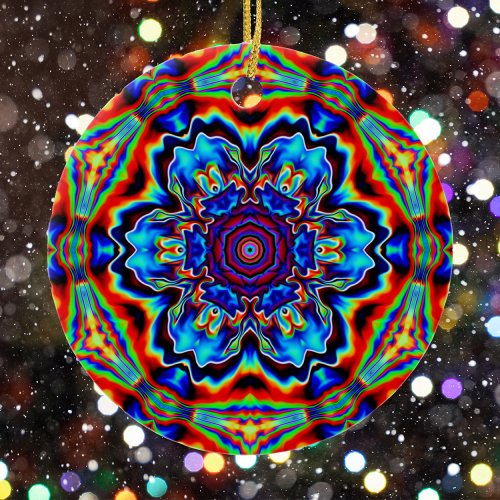 Psychedelic Kaleidoscope Blue Red and Green Ceramic Ornament