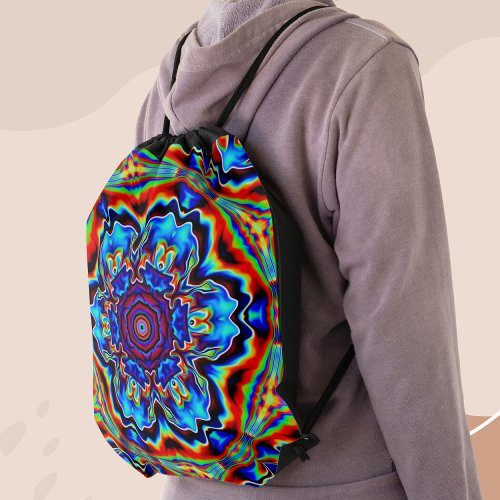 Psychedelic Kaleidoscope Blue Red and Green Drawstring Bag