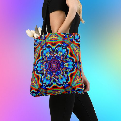 Psychedelic Kaleidoscope Blue Red and Green Tote Bag