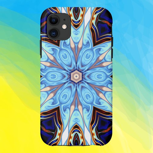 Psychedelic Kaleidoscope Flower Blue and Orange iPhone 11 Case