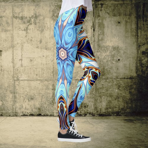 Psychedelic Kaleidoscope Flower Blue and Orange Leggings