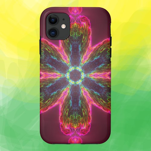 Psychedelic Kaleidoscope Flower Green and Pink iPhone 11 Case