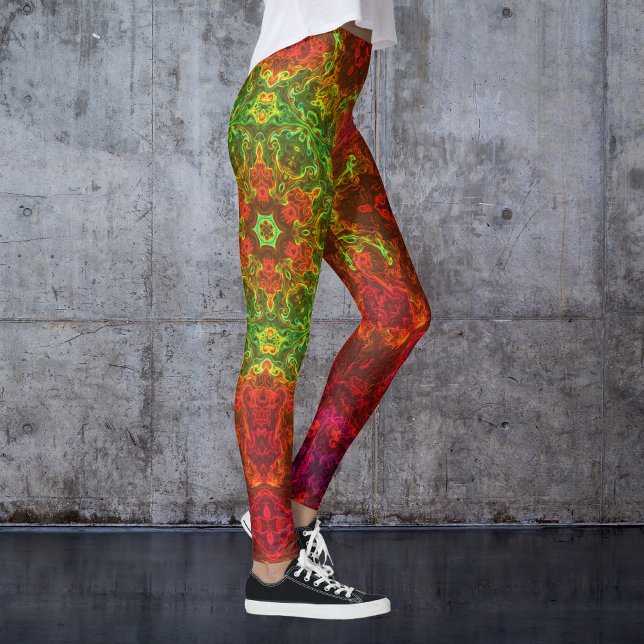 Psychedelic Kaleidoscope Flower Green and Red Leggings (Creator Uploaded)