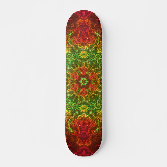 Psychedelic Kaleidoscope Flower Green and Red Skateboard (Front)