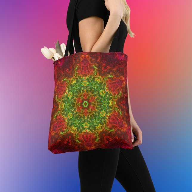 Psychedelic Kaleidoscope Flower Green and Red Tote Bag (Creator Uploaded)