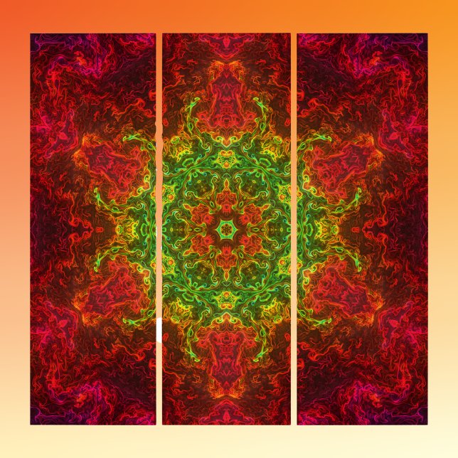 Psychedelic Kaleidoscope Flower Green and Red Triptych (Creator Uploaded)