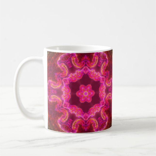 Psychedelic Kaleidoscope Flower Pink Red and Green Coffee Mug (Left)
