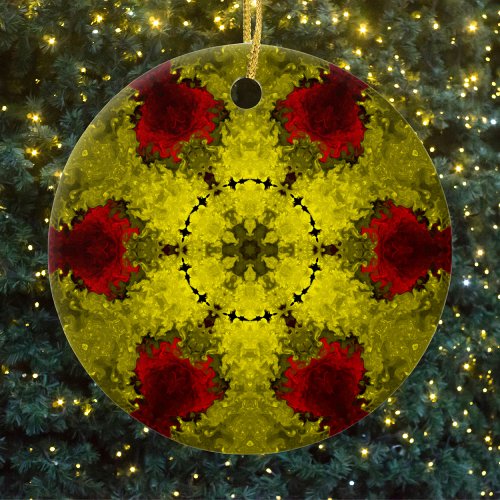 Psychedelic Kaleidoscope Flower Red and Yellow Ceramic Ornament