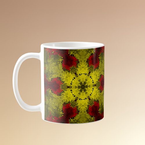 Psychedelic Kaleidoscope Flower Red and Yellow Coffee Mug