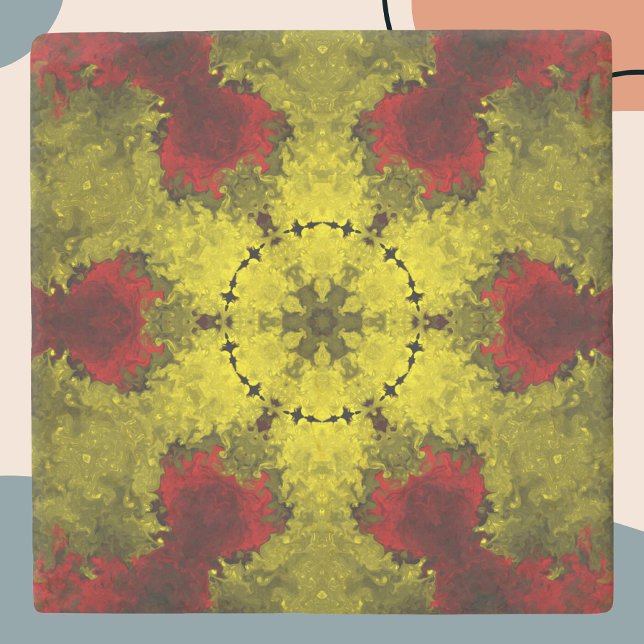 Psychedelic Kaleidoscope Flower Red and Yellow Stone Coaster (Creator Uploaded)