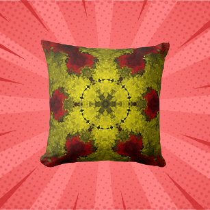 Psychedelic Kaleidoscope Flower Red and Yellow Throw Pillow
