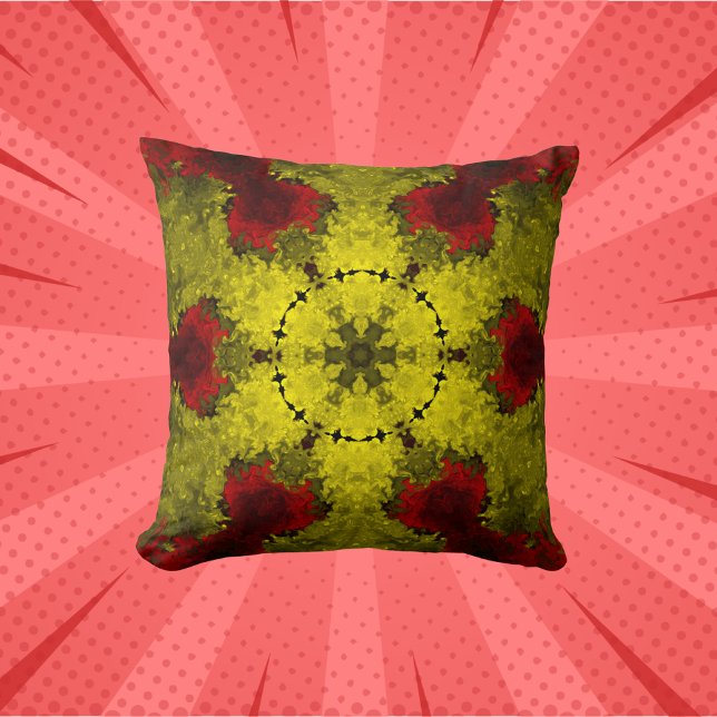 Psychedelic Kaleidoscope Flower Red and Yellow Throw Pillow (Creator Uploaded)