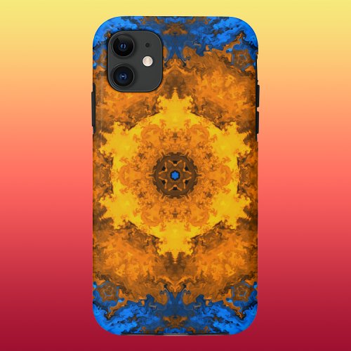 Psychedelic Kaleidoscope Flower Yellow and Blue iPhone 11 Case