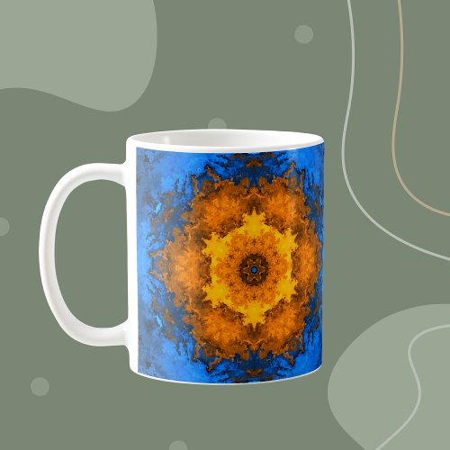 Psychedelic Kaleidoscope Flower Yellow and Blue Coffee Mug