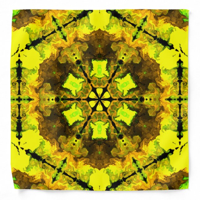 Psychedelic Kaleidoscope Flower Yellow and Green Bandana (Front)
