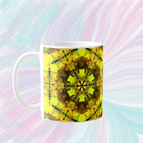 Psychedelic Kaleidoscope Flower Yellow and Green Coffee Mug